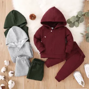 Baby Solid Color Slant Button Hooded Pants Pajamas Set