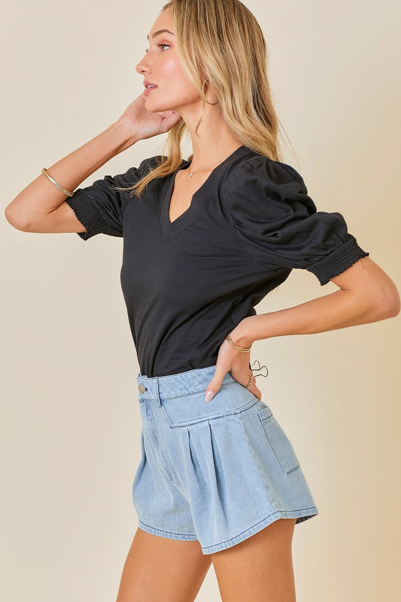 Double Pleat Detail Fit and Flare Denim Shorts