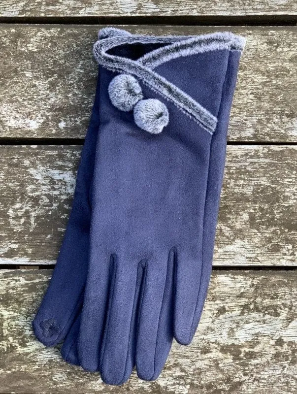 Faux Suede Gloves With Faux Fur Edging - Blue