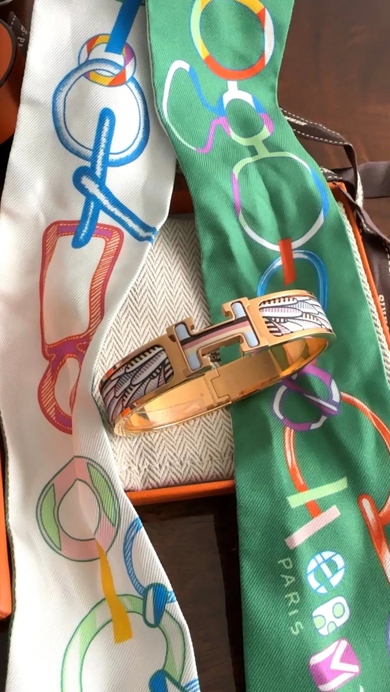 Hermes Green and White Silk Twilly Scarf