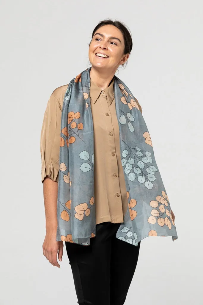 INDUS - SILK SCARF - SILVER EUCALYPTUS - LAKE, CASHEW & MIST