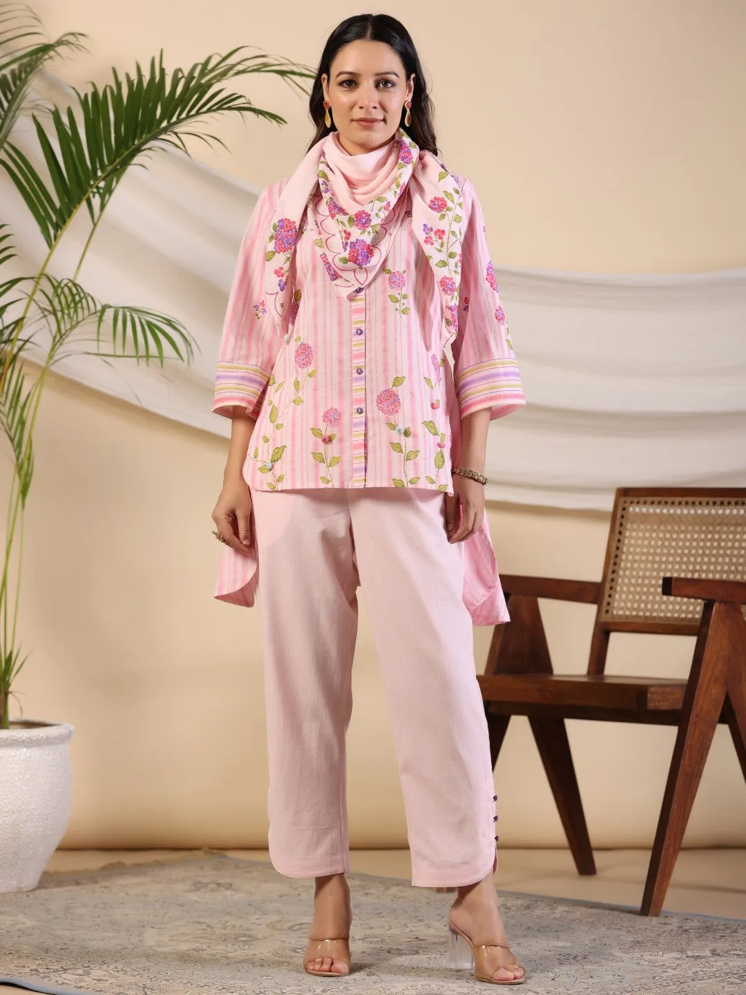 Juniper Pink Floral Printed Pure Cotton Shirt Pant With Scarfs