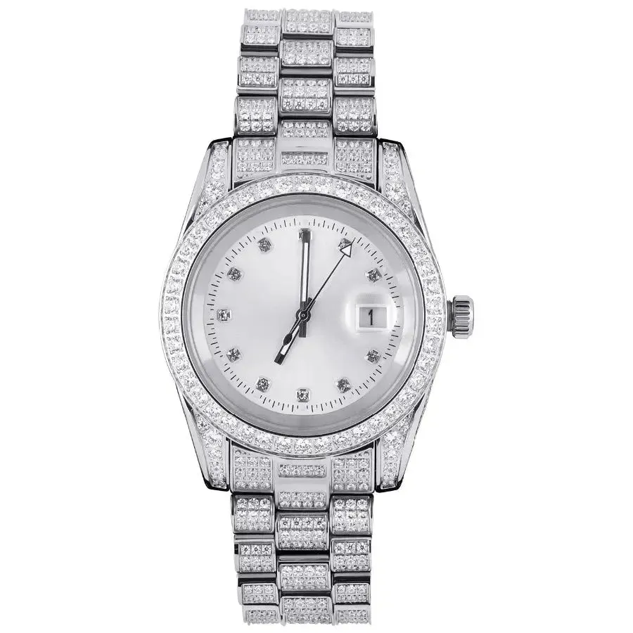 Moissanite Presidential Watch w/ White Dial in White Gold