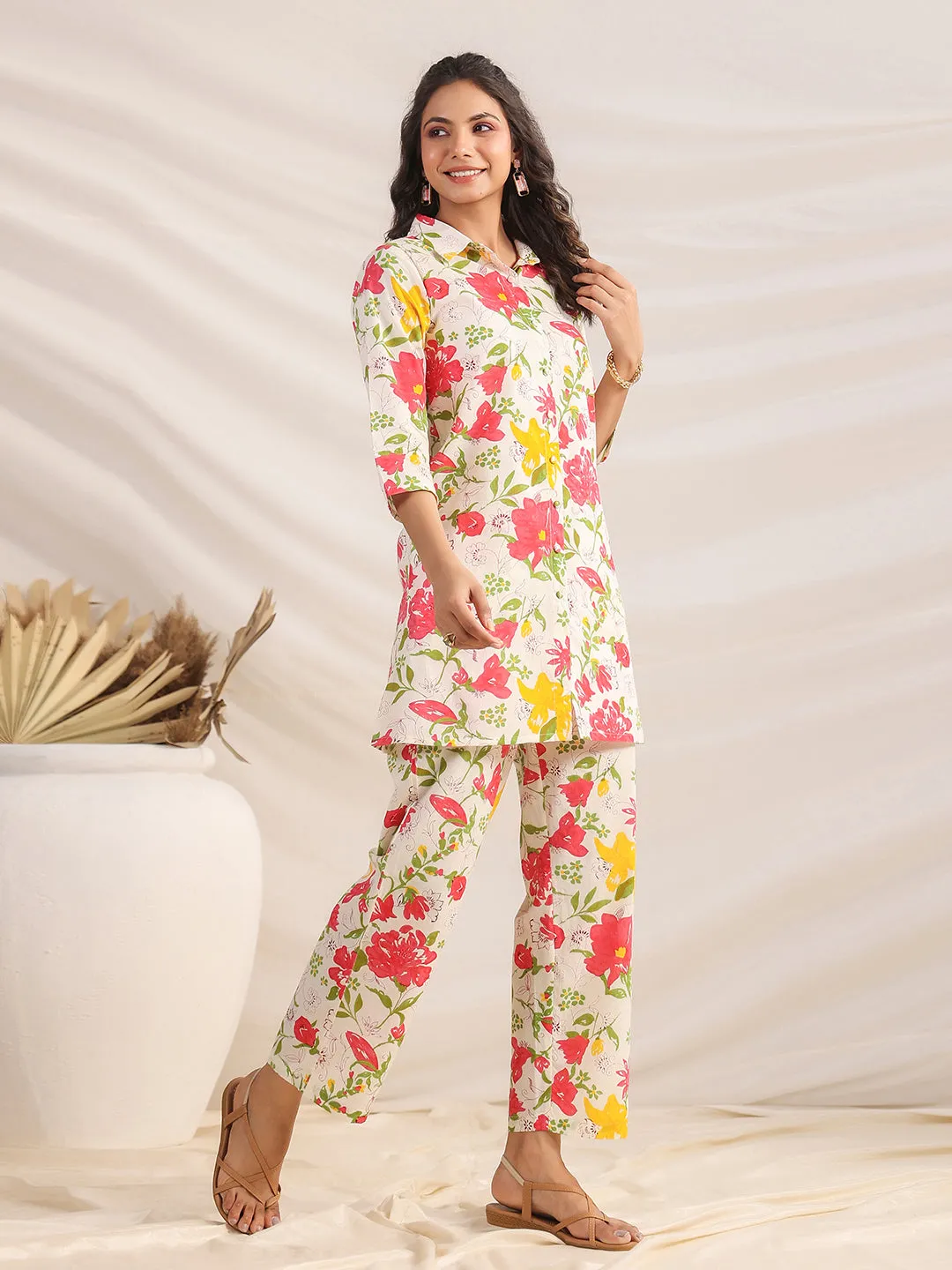 Off White Cotton Floral Regular Co-ord Set