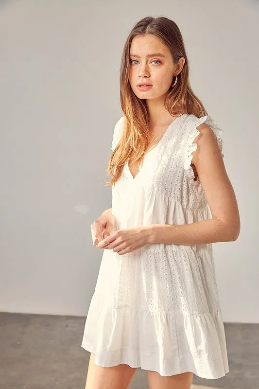 WHITE V NECK EYELET DRESS