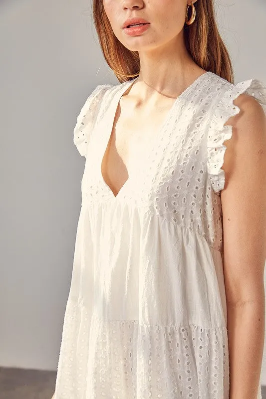 WHITE V NECK EYELET DRESS