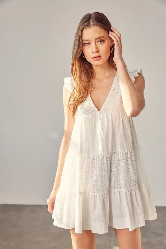 WHITE V NECK EYELET DRESS