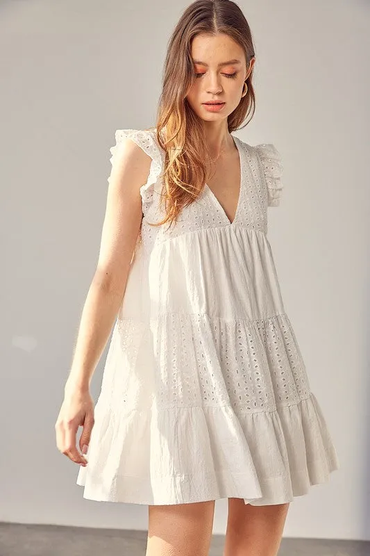 WHITE V NECK EYELET DRESS