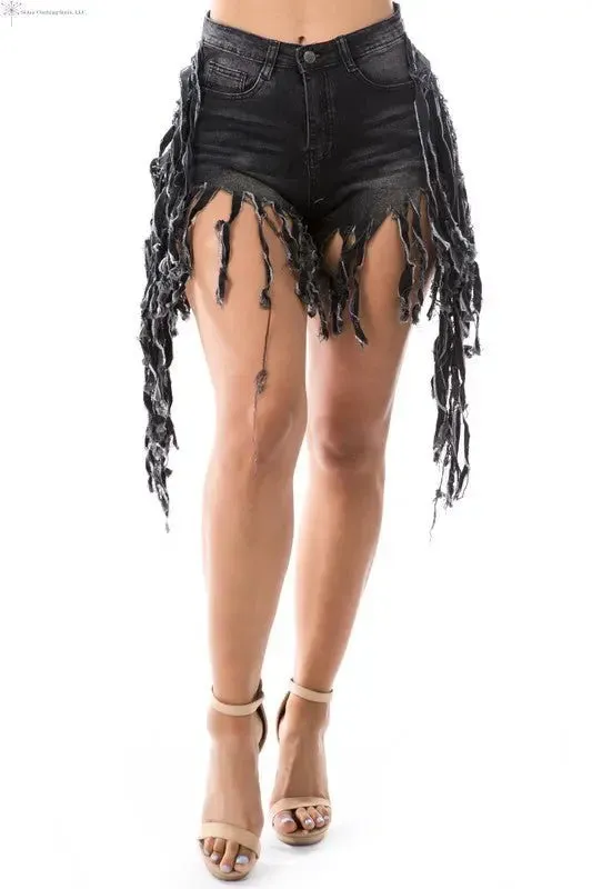 Women's Demin Shorts Fringe Sides Black