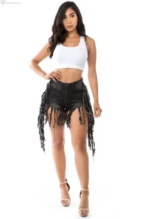 Women's Demin Shorts Fringe Sides Black