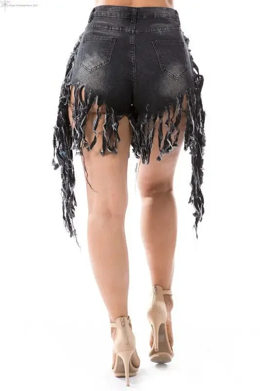 Women's Demin Shorts Fringe Sides Black