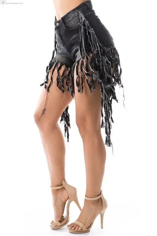 Women's Demin Shorts Fringe Sides Black